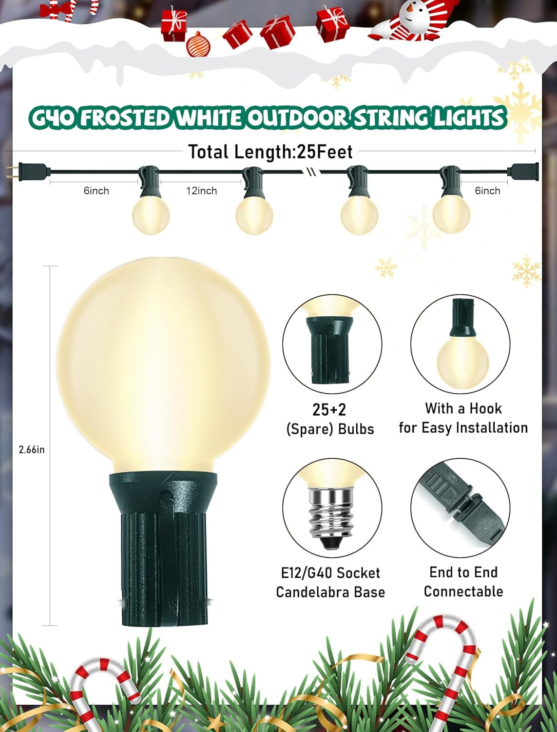 YTGRF-25FT G40 Frosted Christmas Lights,Globe Christmas Lights with 27  Frosted White Bulbs,Outdoor String Lights for Outside Indoor Garden Wedding  Pergola Backyard Patio Xmas Tree Decor,Green Wire - Walmart.com, image size:1143x1500