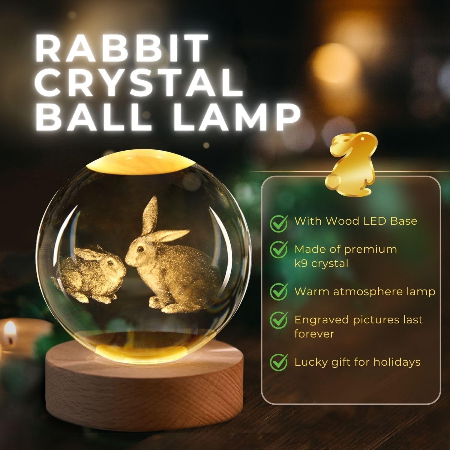 YTGRF-3D Rabbit Crystal Ball Night Light - LED Light Hologram Glass ...