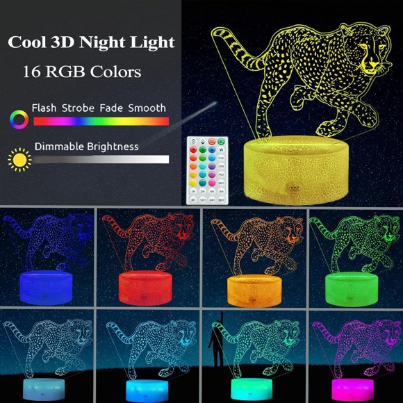YTGRF-Cheetah Night Light, Cheetah Lamp, Cheetah Gifts 3D Illusion Lamp with 16 Colors Changing, Timer, 4 Flash Modes and Dimmable, Kids Boys Girls Room Decoration, Holiday Xmas Gifts