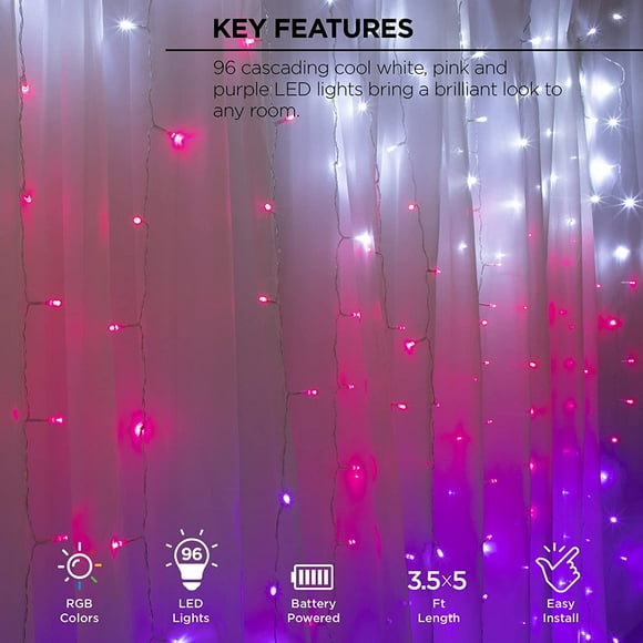 YTGRF-Curtain Lights, Cascading Battery-Operated LED Lighted Backdrop Curtain for Bedroom, Wedding, Decoration, or Christmas, Indoor/Outdoor use (Pink Ombre)
