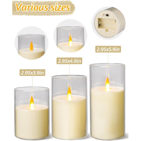 Flameless Candles Set Of 3 Gold Acrylic - Battery Operated With Remote For Home Decor, Wedding, Safe