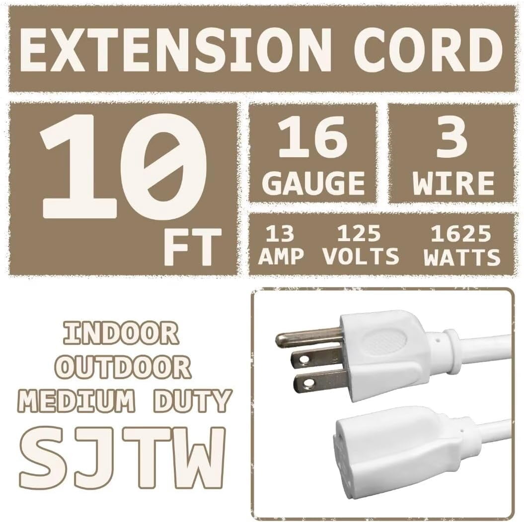 PLUGTUL 3 FT Extension Cord, Short Power Cord, White Indoor