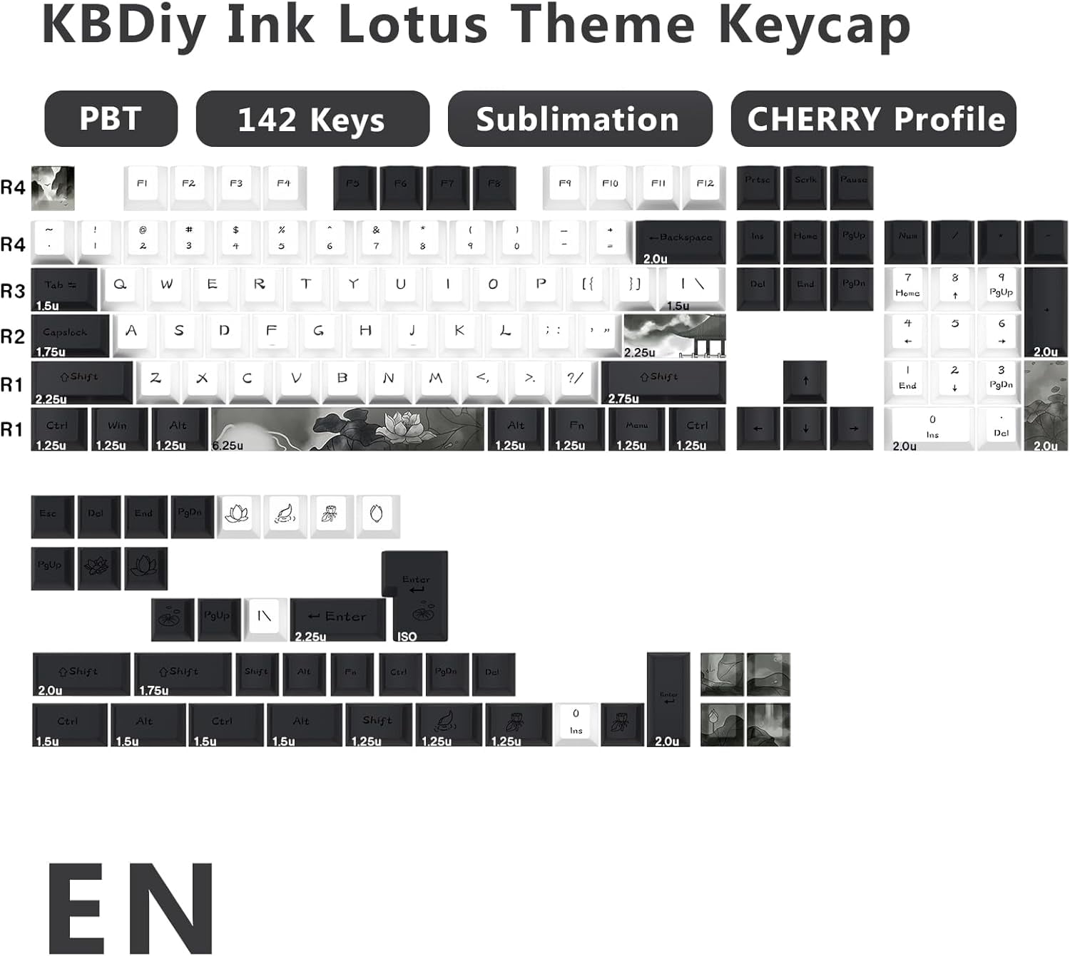 Kba Ink Keys YTGRF-KBDiy 142 Keys Ink Lotus PBT Keycap Custom Cherry Profile Dye ...