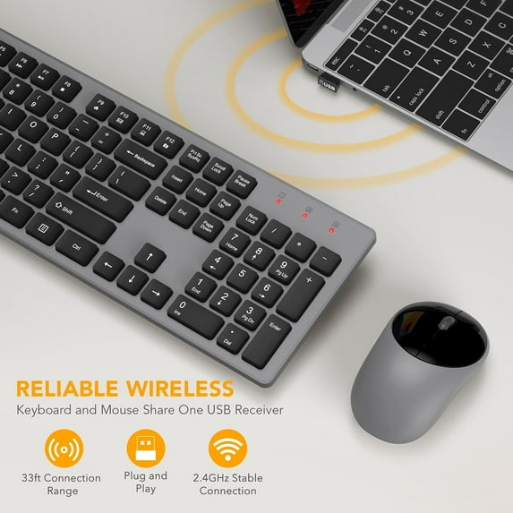 YTGRF-Wireless Keyboard and Mouse, Full-Size Wireless Mouse and Keyboard Combo, 2.4GHz Silent USB Wireless Keyboard Mouse Combo for PC Desktops Computer (Slate Grey)