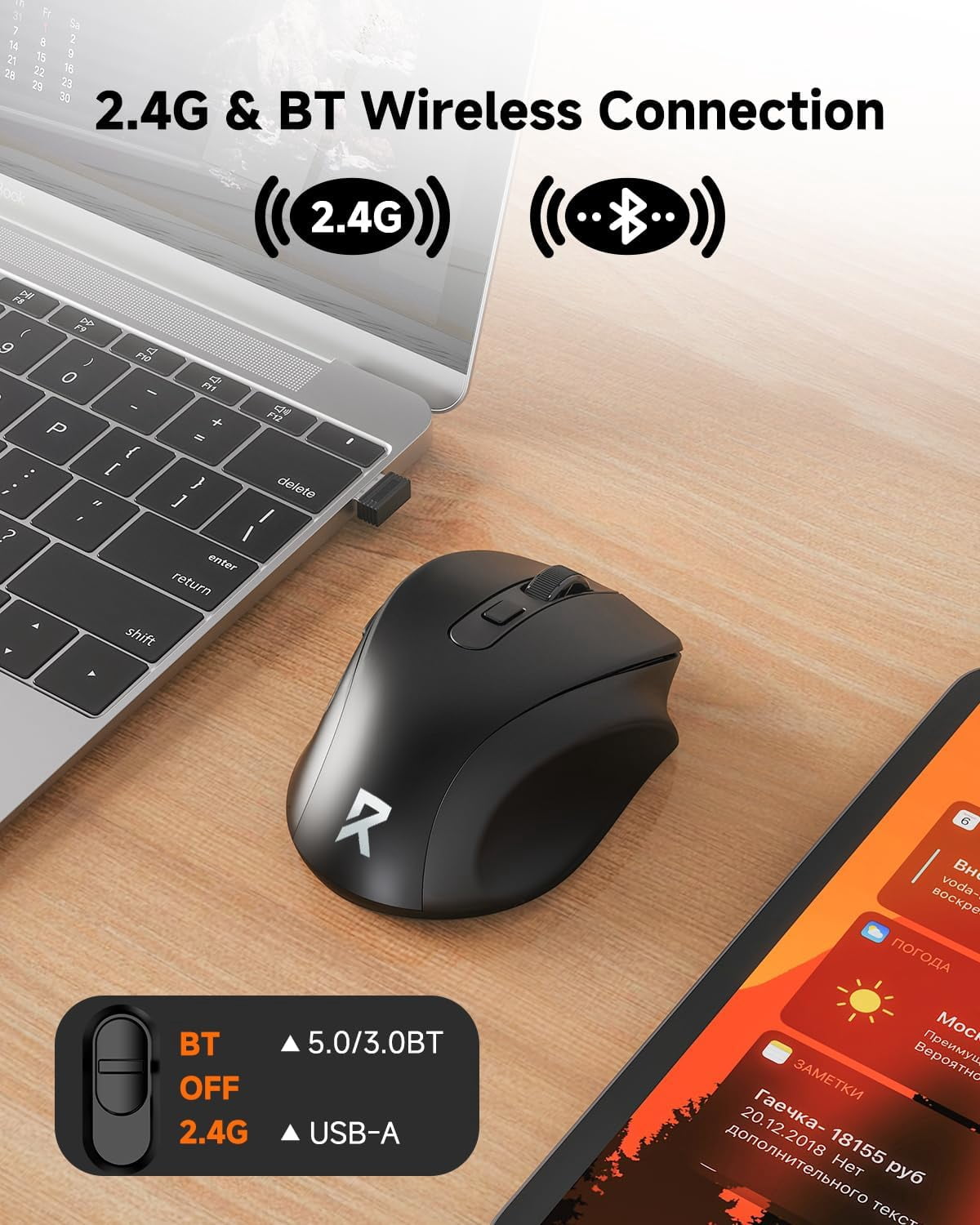 YTGRF-Wireless Mouse BT5.0/3.0 & 2.4G, 6 Buttons, 5 Level 4000DPI ...