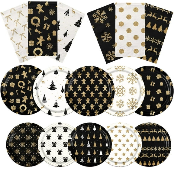 YTGUVBK Christmas Paper Plates and Napkins AFN1Set, 60Pcs Black Gold Party Supplies, Gingerbread Christmas Tree Snowflake Napkins for Xmas Winter Holiday Party Decorations
