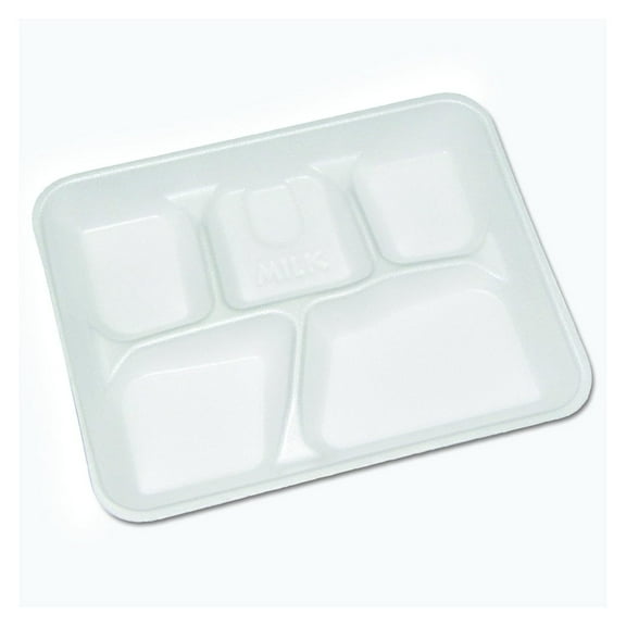 YTH10500SGBX Lightweight Foam School Trays, White, 5-Compartment, 8 1/4 x 10 1/2 (Case of 500)