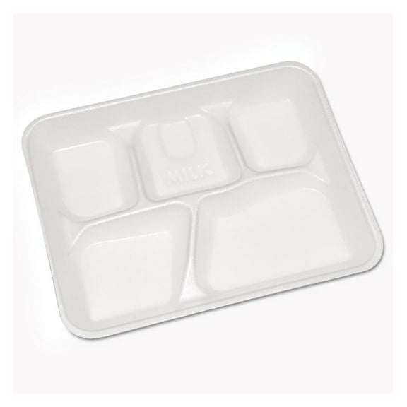 e PCTYTH10500SGBX Lightweight Foam School Trays, White, 5-compartment, 8 1/4 X 10 1/2, 500/carton