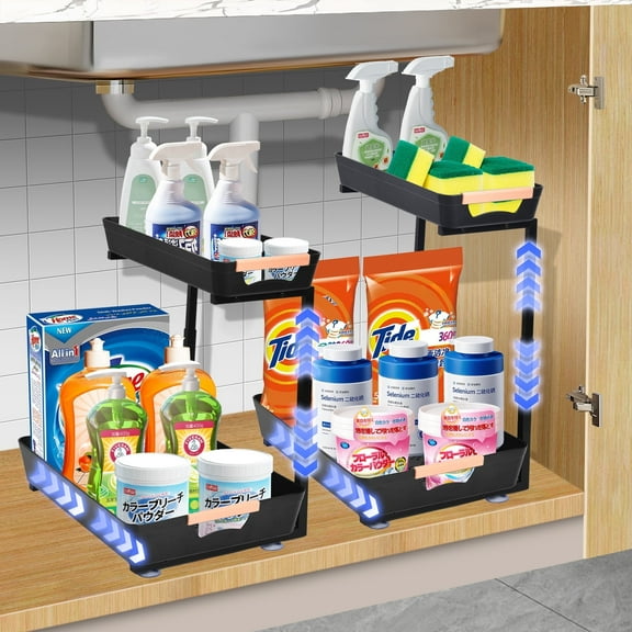 YTKUS 2 Tier Under Sink Organizers and Storage 2 Pack Height Adjustable Sliding Drawer Cleaning Organizer with Handles for Kitchen Bathroom Pantry Home,Black