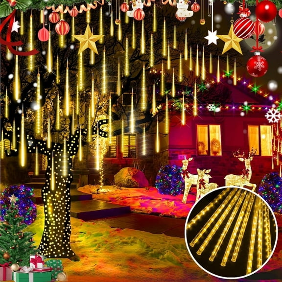 YTKUS Christmas Lights Meteor Shower Lights Outdoor 10 Tubes 19.68 inch Plug in Waterproof Falling Rain Lights for Xmas Halloween Holiday, Warm White