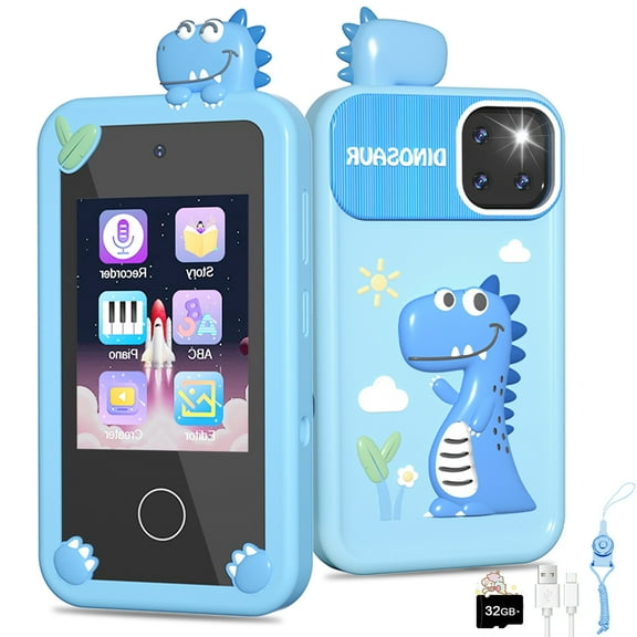 YTKUS Kids Smart Phone for Girl Kids Toys Cell Phone with 2.8" Touchscreen 16 Learning Games Dual Camera Music Player, 32G SD Card Christmas Birthday Gifts,Blue