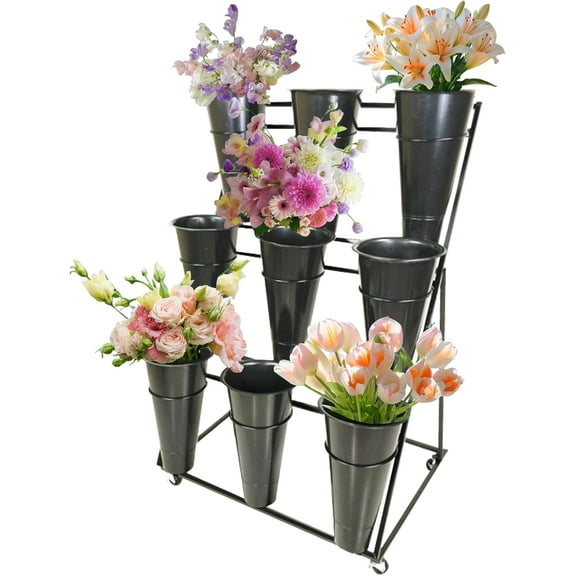 YTLEMON Flower Display Stand, 3 layers Metal Moving Bouquet Shelf, Iron Florist with 4 Universal Wheel and Plastic Buckets, for Living Room, Patio, Balcony, Garden (3 Tier 9 Black Bucket)