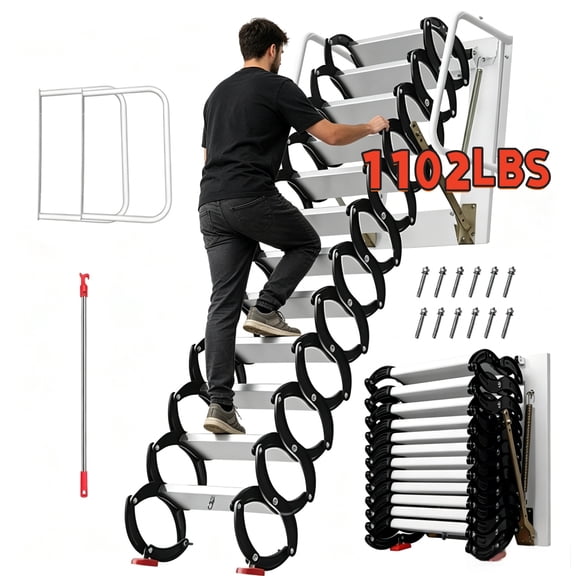 YTOXEO 1102 LBS Load Wall Mount Retractable Attic Ladder, Titanium-Magnesium Alloy Manual Foldable Hidden Loft Stairs with Complete Installation Hardware for Home Villa Garage Loft Ceiling Access