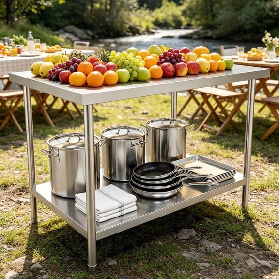 YTOXEO Double Tier Stainless Steel Commercial Prep Table, 900 Lbs Heavy Load Work Table, Multi Scene Use for Kitchen, Catering, Workshop, Picnic