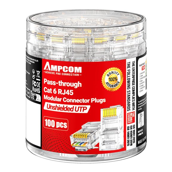 YTRFGH-100-Pack CAT6 Pass Through RJ45 Connector, Gold-Plated Ethernet Plugs for Solid/Stranded 23-26AWG UTP Ethernet Cables