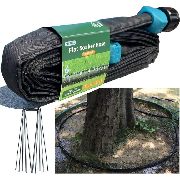 YTRFGH-2026 Flat Soaker Hose 10 ft with Stakes for Garden, 10ft Linkable Drip Hose Diy Garden Irrigation System Saving 80% Water, Dual-layer Leak-free Design Water Hose with Holes