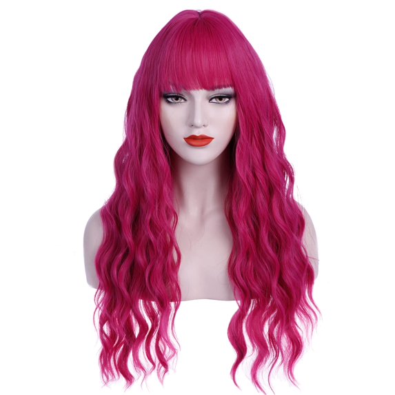 YTRFGH-27 Inches Hot Pink Wig with Bangs Long Curly Wavy Wigs Synthetic Party Daily Wig for Women Girls (Hot Pink, Women Girls)