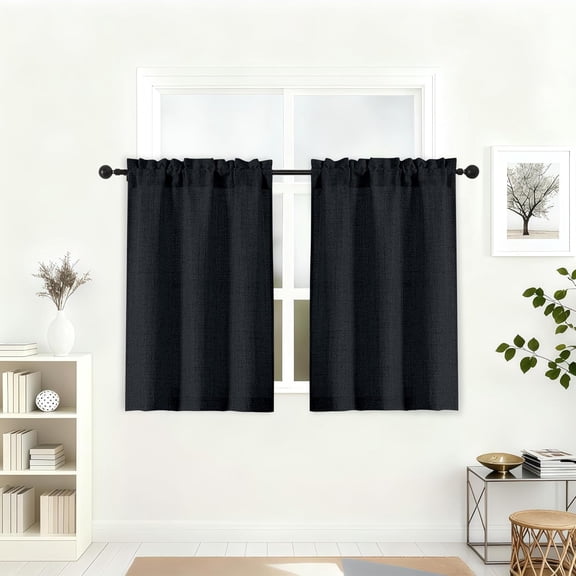 YTRFGH-Black Kitchen Curtains 36 Inch Length 2 Pcs, Airy Privacy Light Filtering Short Tiers, Soft Modern Window Drapes for Cafe Bathroom Cabinet RV Camper Basement, Each Panel 30" W x 36" L