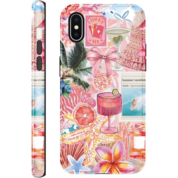 YTRFGH-Case Compatible with for iPhone X 5.8'', Beach Summer Drinks Collage Aesthetic Cute Protective Phone Case, Vintage Trendy Scratch Resistant Shockproof Cover Case for Girl Boy Women Men