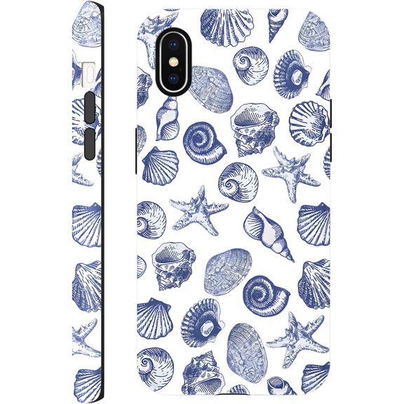 YTRFGH-Case Compatible with iPhone X 5.8'', Blue Summer Beach Sea Shell Phone Case Aesthetic Art Cute Cover, Scratch Resistant Hybrid 2-Layer Hard Shell for Girl Boy Women Men-LS02