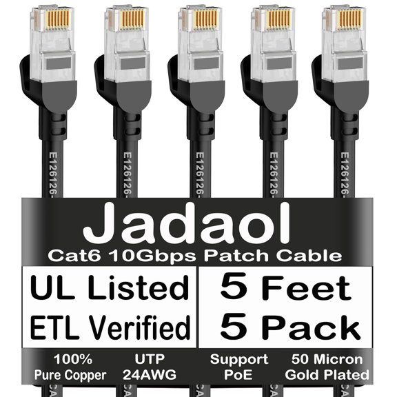 YTRFGH-Cat6 Ethernet Patch Cables 5ft 5-Pack, 10Gbps 24AWG Pure Copper RJ45 Cat6a Patch Cable, Support Cat8/7 Network, Outdoor&Indoor Rated for Patch Panel to Switch, Server, Router, Modem, PC - Blac