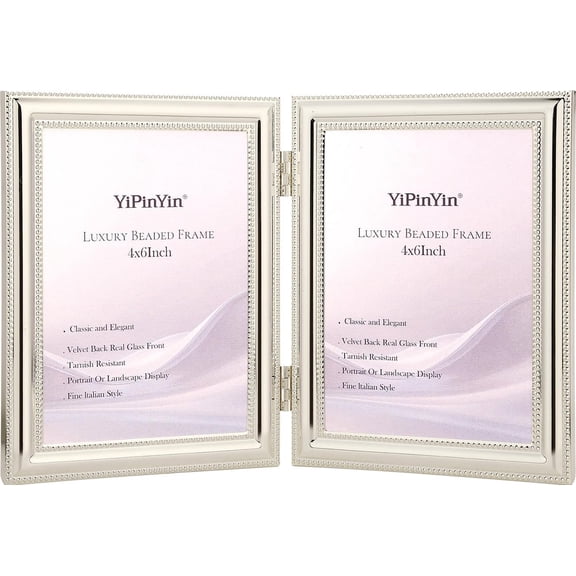 YTRFGH-Classic Silver Plated 4x6'' Double Photo Frame,Classic Beaded Metal Design Double Photo Frame 4x6'',Real Glass Front and Velvet Backing,Perfect Gifts frames (Silver)