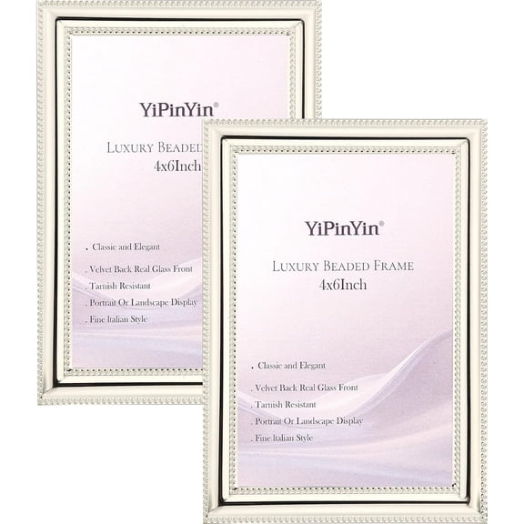 YTRFGH-Classy Silver Plated 4x6''Photo Frame 2 pack, Classic Beaded picture frame 6x4'',Real glass front and Velvet Backing,Perfect Gifts and Treasured Memories