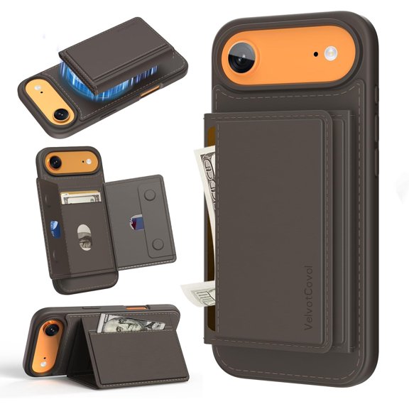 YTRFGH-Compatible with Magsafe 2 in 1 Detachable iPhone Air Wallet Case with Card Holder, Women Men 3 Credit Card Slots Magnetic PU Leather RFID Blocking Flip Kickstand, for Apple 17 Air, Brown