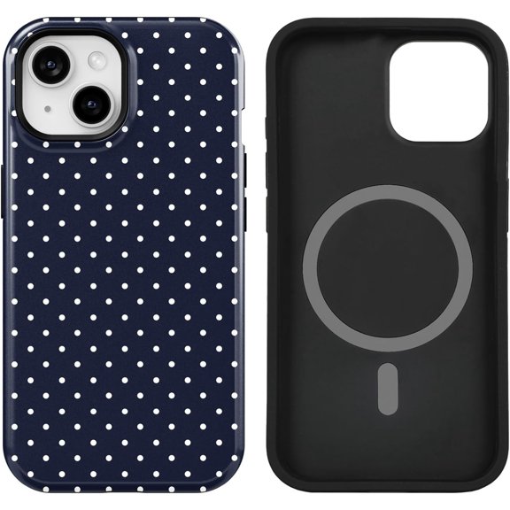 YTRFGH-Compatible with iPhone 15/14/13 Case Compatible with MagSafe - Protective Luxury Designer Mag Series Cases (Navy Blue Polka Dot, iPhone 15/14/13)