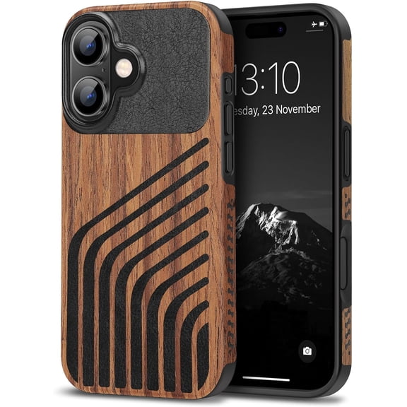 YTRFGH-Compatible with iPhone 16 Plus Phone Case Wood Grain with Carbon Fiber Texture Design Leather Hybrid Slim Case (Hairline)