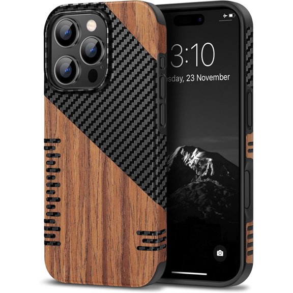 YTRFGH-Compatible with iPhone 16 Pro Max Phone Case Wood Grain with Carbon Fiber Texture Design Leather Hybrid Slim Case (Twill)