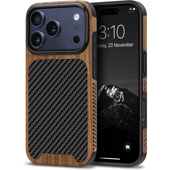 YTRFGH-Compatible with iPhone 17 Pro Case Wood Grain with Carbon Fiber Texture Design Leather Hybrid Slim Case (Black)