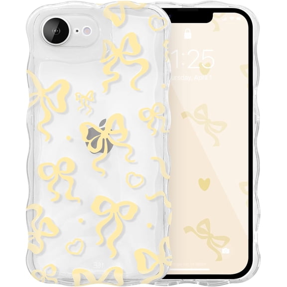 YTRFGH-Cute Heart Bow Case for iPhone 17e/iPhone 16e, Wave Ribbon Bows Phone Case Pretty Aesthetic Cover Cute Clear Shell Soft Bownot Phone Cover for Women and Girl - Yellow