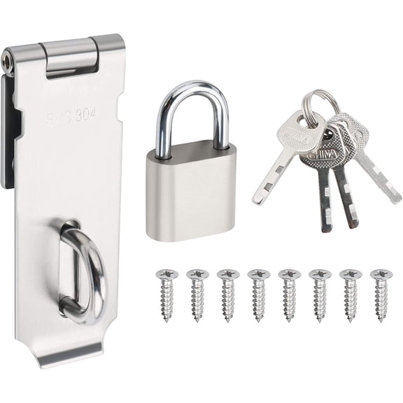 YTRFGH-Door Lock Hasp Latch with Padlock,4 Inch SUS 304 Stainless Steel Safety Packlock Clasp Hasp Lock Latch, with Fixing Screw for External Doors Window Cabinet Pet Cage, Brushed Finish,MST009-LS