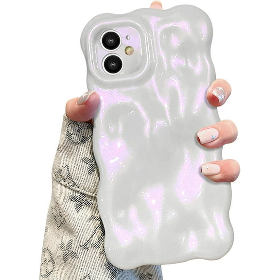 YTRFGH-Ripple Case for iPhone 11, Cute Silver Cover Wave Shape for iPhone Case Pretty Aesthetic 3D Phone Cover, Water Ripple Shell 3D Chrome Design for Women and Girl, Glitter Pink