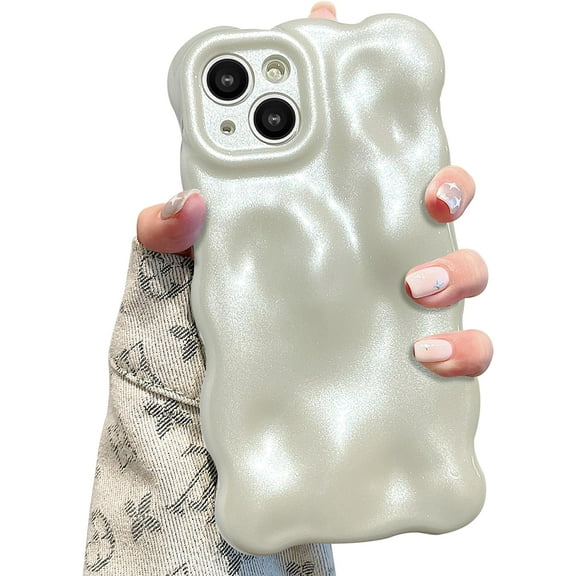 YTRFGH-Ripple Case for iPhone 15, Cute Silver Cover Wave Shape for iPhone Case Pretty Aesthetic 3D Phone Cover, Water Ripple Shell 3D Chrome Design for Women and Girl, Pearl White