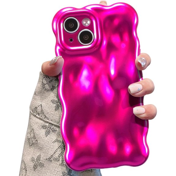 YTRFGH-Ripple Case for iPhone 15, Cute Silver Cover Wave Shape for iPhone Case Pretty Aesthetic 3D Phone Cover, Water Ripple Shell 3D Chrome Design for Women and Girl, Hot Pink