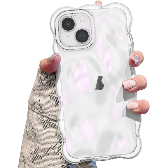 YTRFGH-Ripple Case for iPhone 15, Cute Silver Cover Wave Shape for iPhone Case Pretty Aesthetic 3D Phone Cover, Water Ripple Shell 3D Chrome Design for Women and Girl, Clear Pink