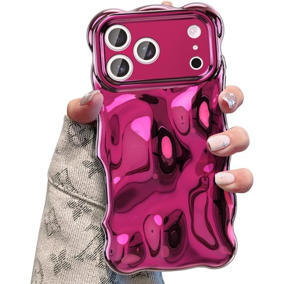 YTRFGH-Ripple Case for iPhone 17 Pro Max, Cute Silver Cover Wave Shape for iPhone Case Pretty Aesthetic 3D Phone Cover, Water Ripple Shell 3D Chrome Design for Women and Girl, Silver Hot Pink