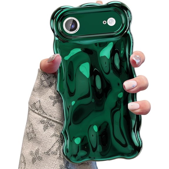 YTRFGH-Ripple Case for iPhone Air, Cute Silver Cover Wave Shape for iPhone Case Pretty Aesthetic 3D Phone Cover, Water Ripple Shell 3D Chrome Design for Women and Girl, Deep Green