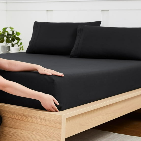 YTRFGH-Twin XL Fitted Sheet Only with Full Elastic & Built in Corner Sheet Straps to Prevent Shifting - Great for College Dorm Rooms - Soft & Breathable Brushed Microfiber Bottom Sheet, Twin XL, Blac