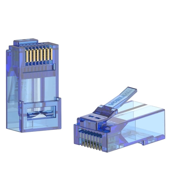 YTRFGH-UL-Listed CAT6 RJ45 Connectors Pass Through 50-Pack, Cat6 Ends Gold Plated 8P8C Modular Plug for CAT6 CAT5E CAT5 Solid or Stranded UTP Network Cable, Blue, Support POE