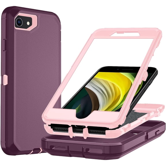 YTRFGH-for Case for iPhone SE, 3 in 1 Shockproof TPU Hard PC Bumper Drop-Proof iPhone SE Case 2020, Heavy Duty Shockproof Protective Phone Case for iPhone 7/8 RedPink
