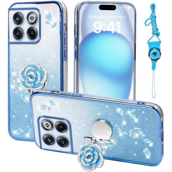 YTRFGH-for Oneplus 10T Case, Mobile Phone Case for Plus One 1+ Cute Soft Slim Cover for Girls Women with Ring Stand Strap Lanyard Shockproof Protective Cover for Oneplus 1+10t (Blue)