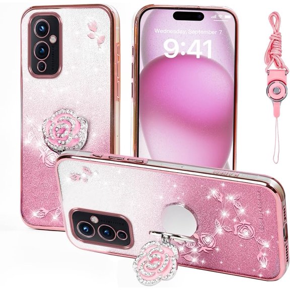 YTRFGH-for Oneplus 9 Pro Case, Mobile Phone Case for Plus One 9 Pro Cute Soft Slim Cover for Girls Women with Ring Stand Strap Lanyard Shockproof Protective Cover for Oneplus 1+9 Pro (Rose Gold)