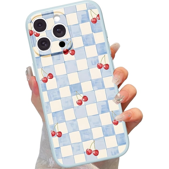 YTRFGH-for iPhone 12 Pro 6.1'' Blue and White Gingham Phone Case, Cute Red Cherry TPU Checkered Bottom Shell Aesthetic Design Shockproof Protection Plaid Phone Cover Women Teen Girls
