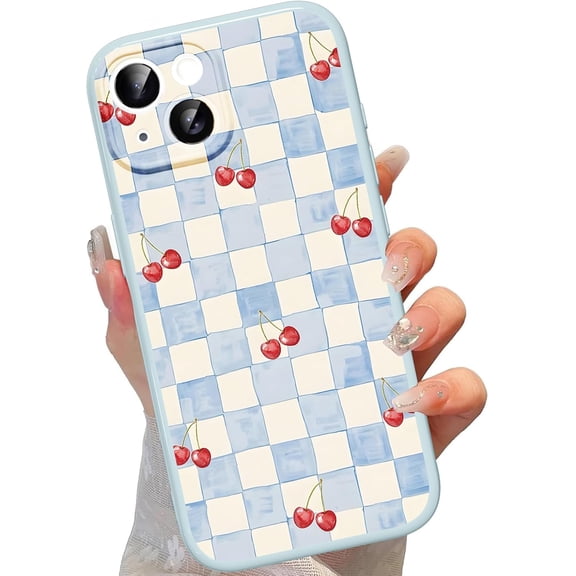 YTRFGH-for iPhone 13 6.1'' Blue and White Gingham Phone Case, Cute Red Cherry TPU Checkered Bottom Shell Aesthetic Design Shockproof Protection Plaid Phone Cover Women Teen Girls