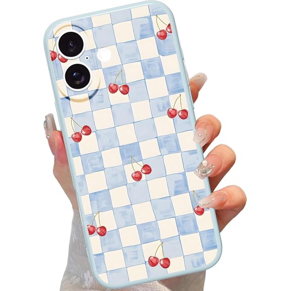 YTRFGH-for iPhone 16 6.1'' Blue and White Gingham Phone Case, Cute Red Cherry TPU Checkered Bottom Shell Aesthetic Design Shockproof Protection Plaid Phone Cover Women Teen Girls