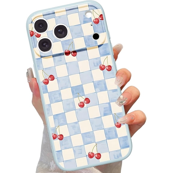 YTRFGH-for iPhone 17 Pro 6.3'' Blue and White Gingham Phone Case, Cute Red Cherry TPU Checkered Bottom Shell Aesthetic Design Shockproof Protection Plaid Phone Cover Women Teen Girls