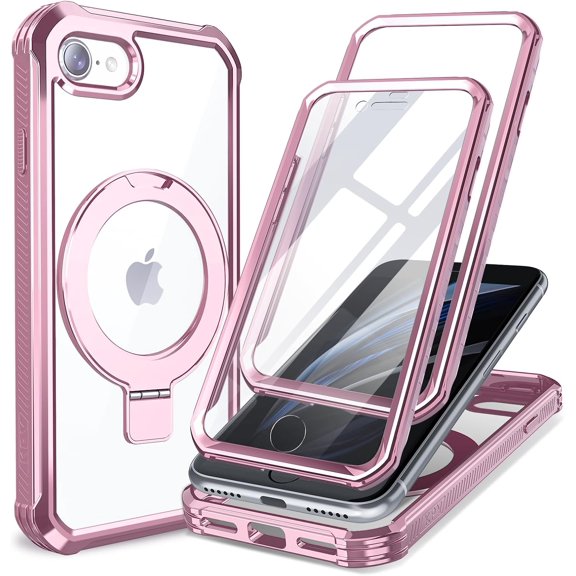 YTRFGH-for iPhone SE 2022/3rd/2020/2rd/8/7 Case,3in1/Compatible with MagSafe/with 2X Front Case Protection/Invisible Magnetic Ring Metal Stand/Shockproof Military-Grade Protection(M-Rose Gold,iPhone